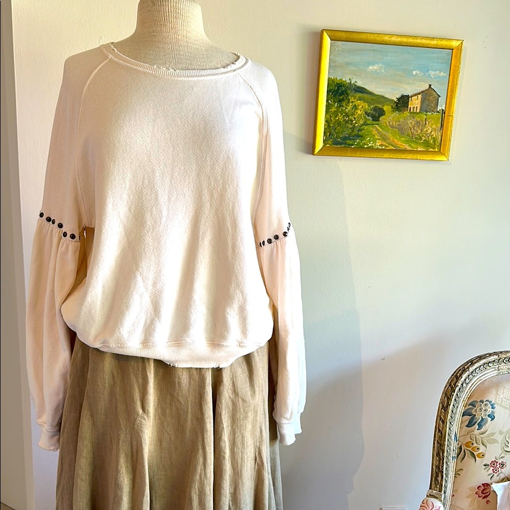 THE GREAT Distressed Sweatshirt with Studded Fancy Sleeves. Cozy 100% Cotton